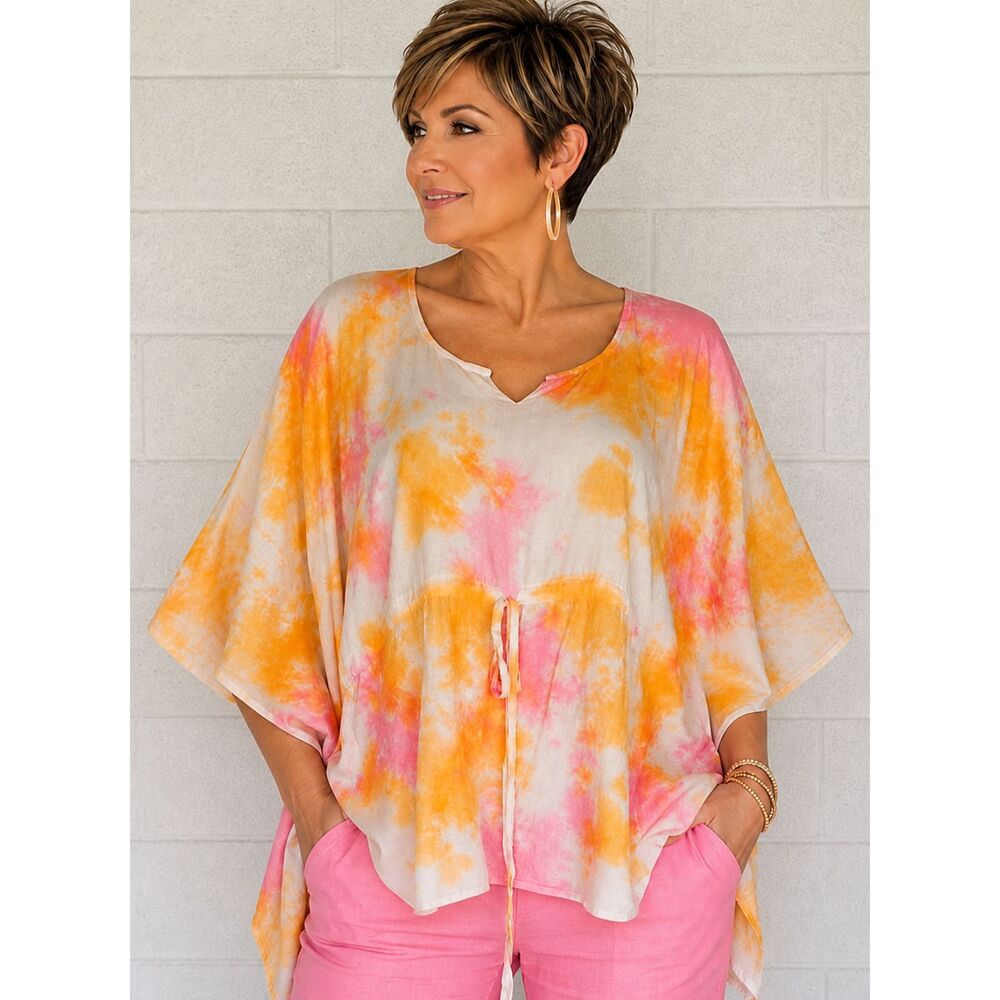 New Sacred Threads OS M L Rose Tie-Dye Pullover Rayon Kaftan Poncho Top